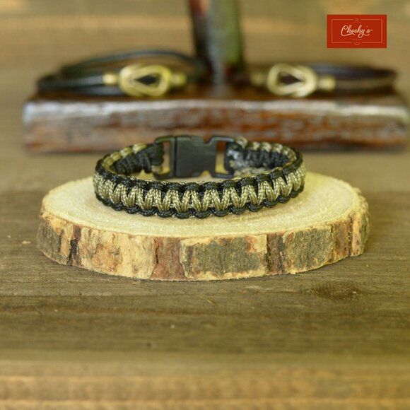 Paracord Bracelet/Survival Bracelet Side Release Buckle Black/Khaki L 7"(ID 201) - Picture 2 of 2